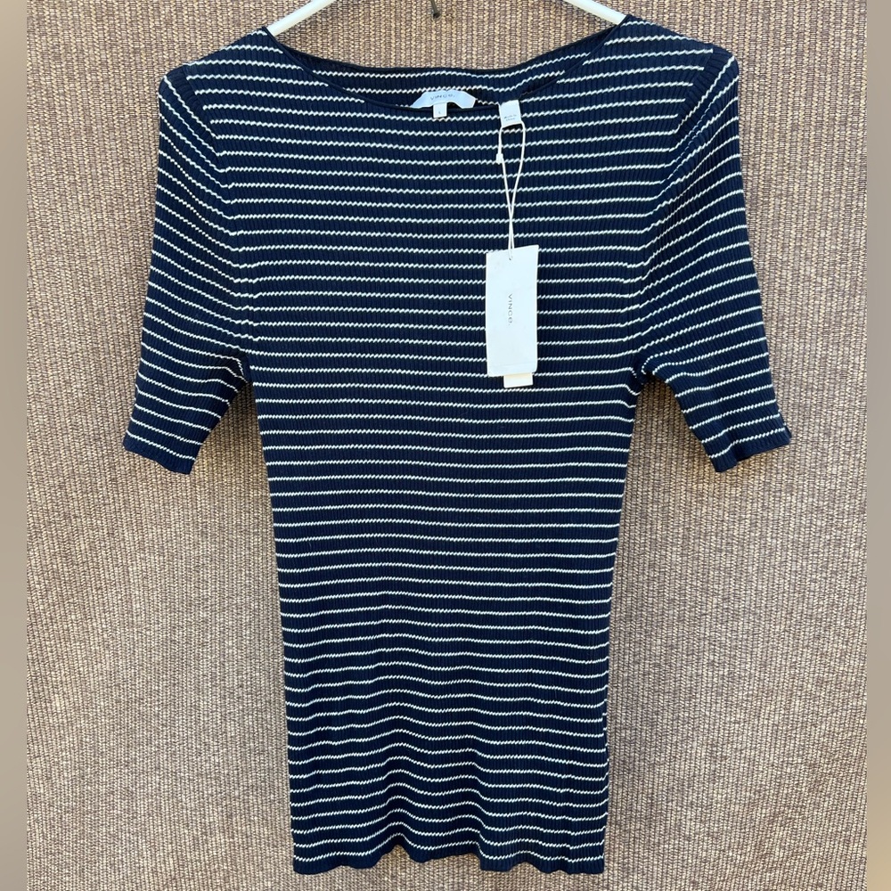 Vince Striped Elbow-sleeve Crewneck T-shirt striped cotton-blend Women’s Sz L